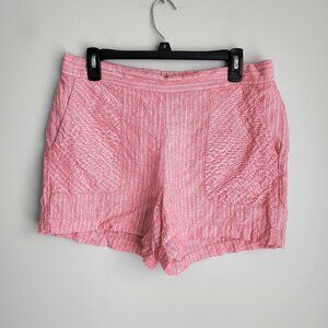 Ellen Tracy 100% Linen Pink White Stripes Elastic Waist Pull On Shorts